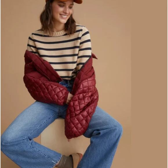 Anthropologie DEMYLEE Ezra Cotton NavyTan Nautical Striped Short Sleeve Sweater - Picture 1 of 7
